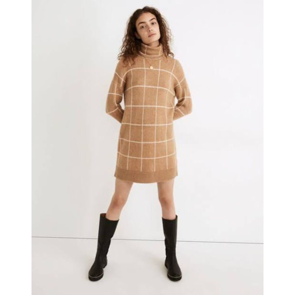 Madewell Windowpane Turtleneck Sweater Dress Heather Granola XS